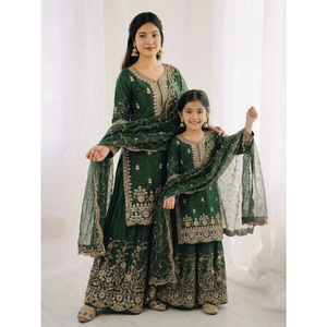Ethnic Wear Green Matching Mother Daughter Designer Party wear Top Palazzo Dupatta Suit Set mahezon