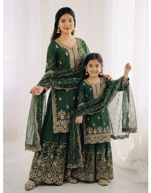 Load image into Gallery viewer, Ethnic Wear Green Matching Mother Daughter Designer Party wear Top Palazzo Dupatta Suit Set mahezon
