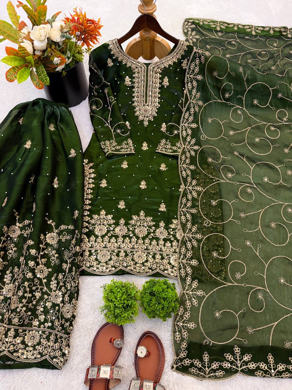 Ethnic Wear Green Matching Mother Daughter Designer Party wear Top Palazzo Dupatta Suit Set mahezon