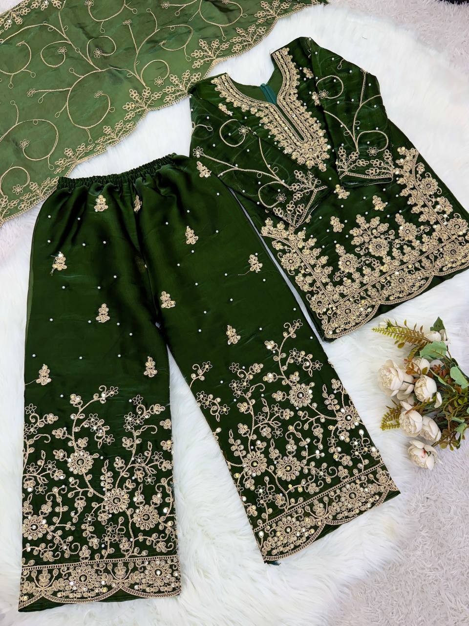 green dress matching dupatta Pastel Green Kurta Lehenga Set with Sequin Work and Matching Dupatta