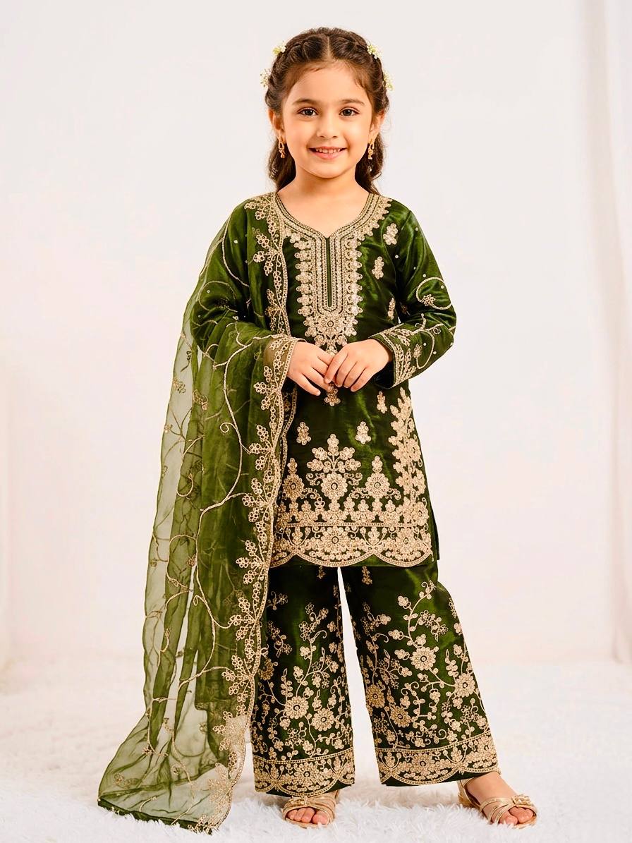 Ethnic Wear Green Matching Mother Daughter Designer Party wear Top Palazzo Dupatta Suit Set mahezon