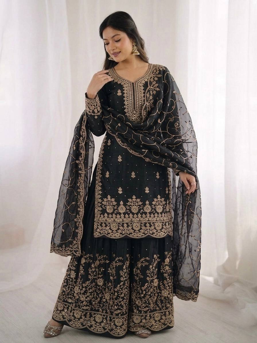 Ethnic Wear Matching Black Mother Daughter Designer Party wear Top Palazzo Dupatta Suit Set mahezon