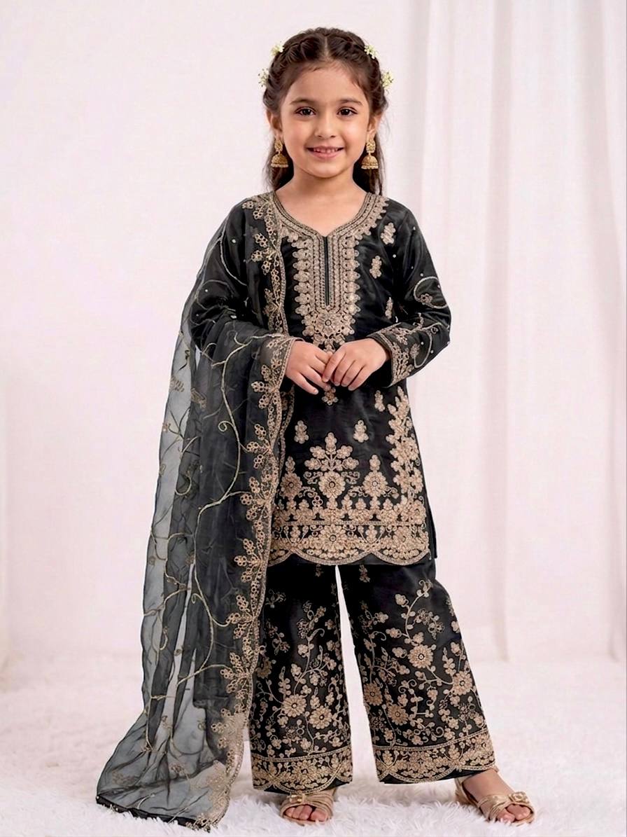Ethnic Wear Matching Black Mother Daughter Designer Party wear Top Palazzo Dupatta Suit Set mahezon