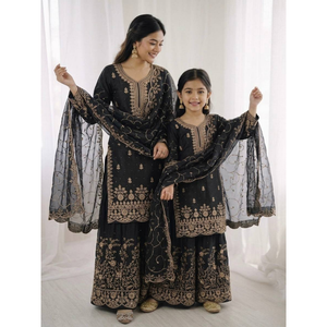 Ethnic Wear Matching Black Mother Daughter Designer Party wear Top Palazzo Dupatta Suit Set mahezon
