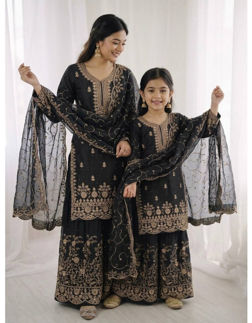 Load image into Gallery viewer, Ethnic Wear Matching Black Mother Daughter Designer Party wear Top Palazzo Dupatta Suit Set mahezon
