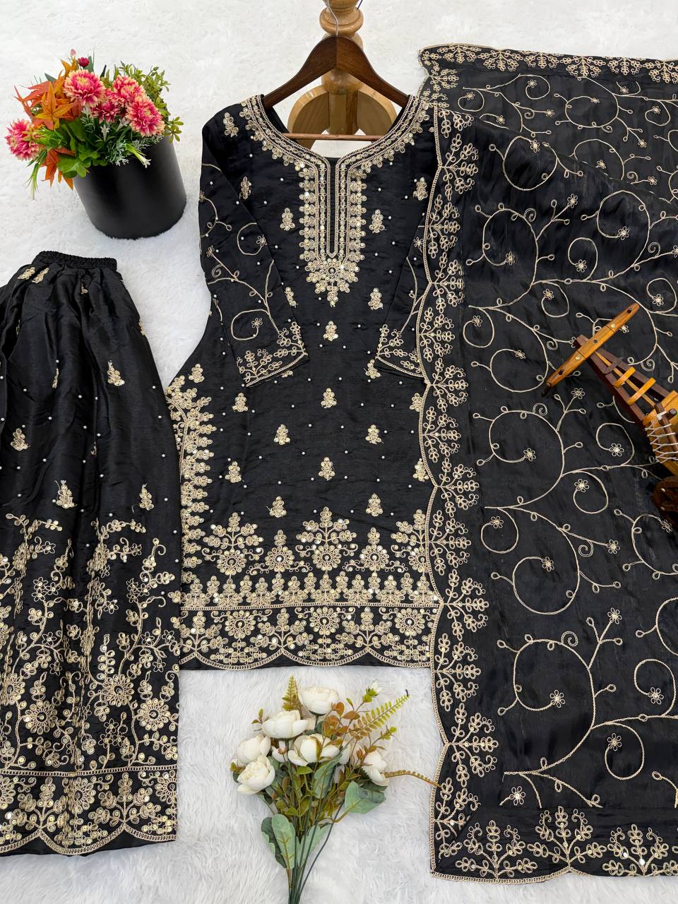 Ethnic Wear Matching Black Mother Daughter Designer Party wear Top Palazzo Dupatta Suit Set mahezon