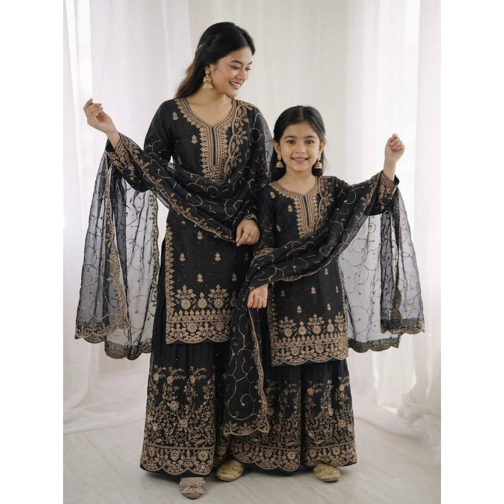 Ethnic Wear Matching Black Mother Daughter Designer Party wear Top Palazzo Dupatta Suit Set mahezon