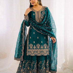Ethnic Wear Matching Blue Mother Daughter Designer Party wear Top Palazzo Dupatta Suit Set mahezon