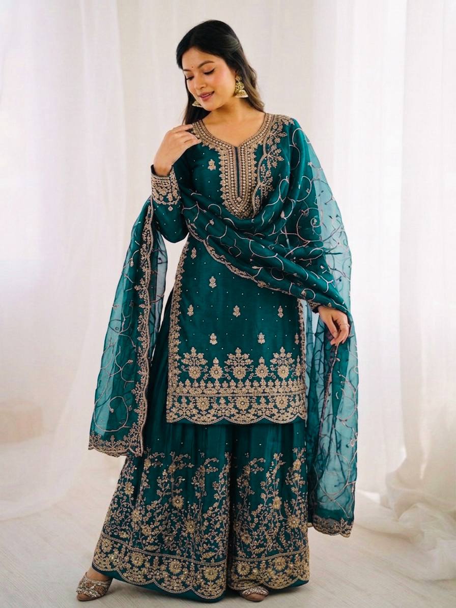 Ethnic Wear Matching Blue Mother Daughter Designer Party wear Top Palazzo Dupatta Suit Set mahezon