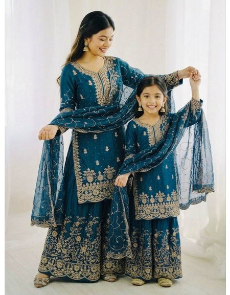 Ethnic Wear Matching Blue Mother Daughter Designer Party wear Top Palazzo Dupatta Suit Set mahezon