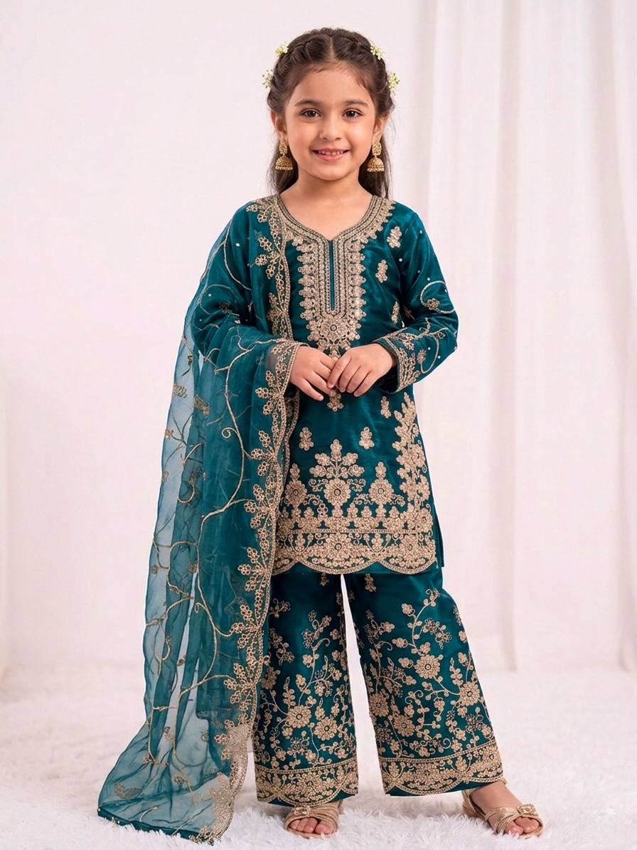 Ethnic Wear Matching Blue Mother Daughter Designer Party wear Top Palazzo Dupatta Suit Set mahezon