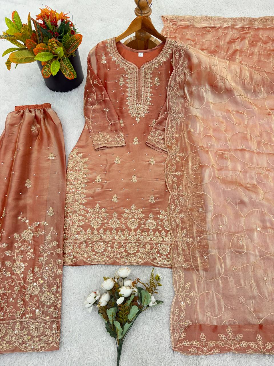 Ethnic Wear Matching Orange Mother Daughter Designer Party wear Top Palazzo Dupatta Suit Set mahezon