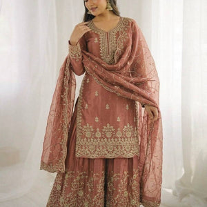 Ethnic Wear Matching Orange Mother Daughter Designer Party wear Top Palazzo Dupatta Suit Set mahezon