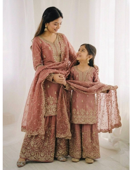 Ethnic Wear Matching Orange Mother Daughter Designer Party wear Top Palazzo Dupatta Suit Set mahezon
