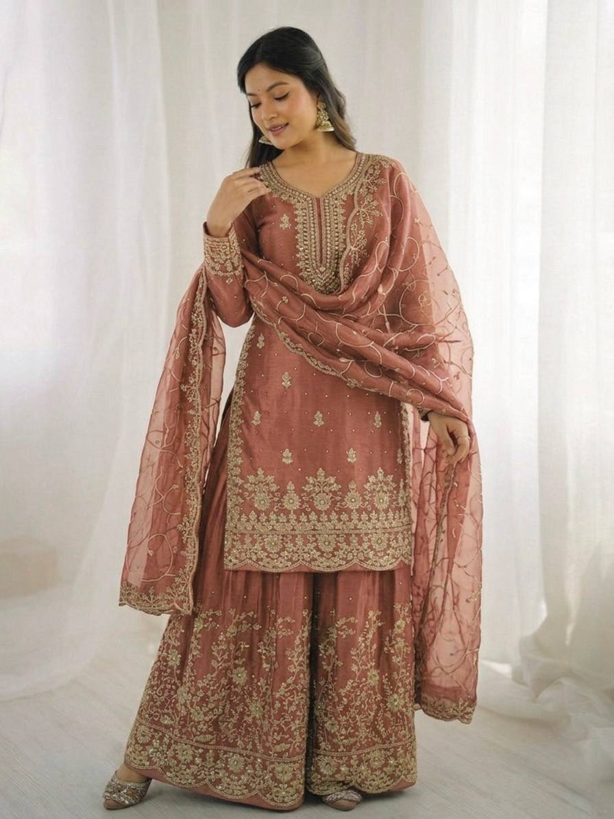 Ethnic Wear Matching Orange Mother Daughter Designer Party wear Top Palazzo Dupatta Suit Set mahezon