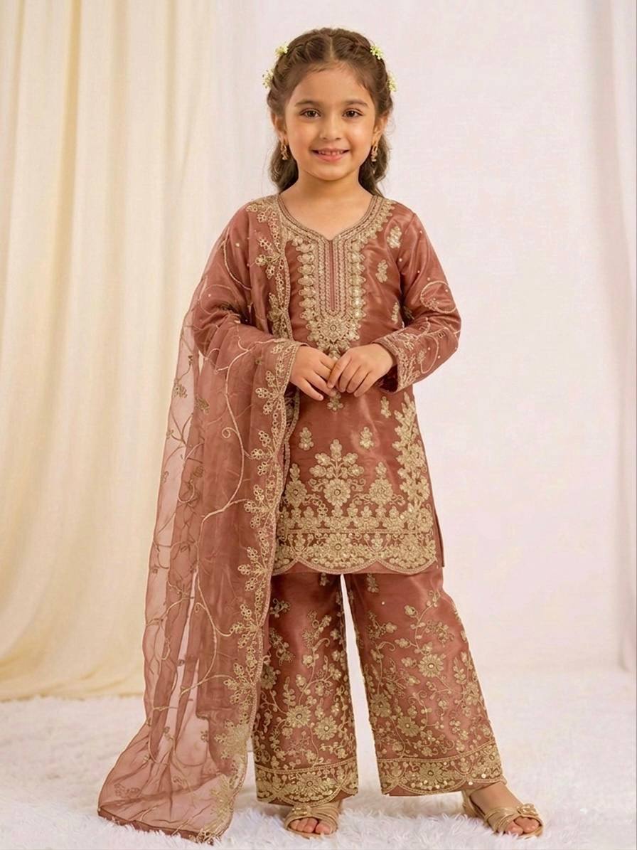 Ethnic Wear Matching Orange Mother Daughter Designer Party wear Top Palazzo Dupatta Suit Set mahezon
