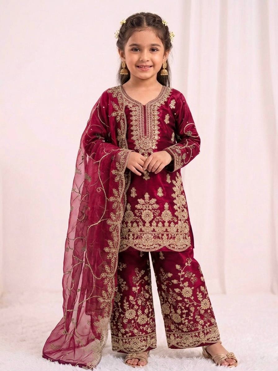 Ethnic Wear Matching Red Mother Daughter Designer Party wear Top Palazzo Dupatta Suit Set mahezon