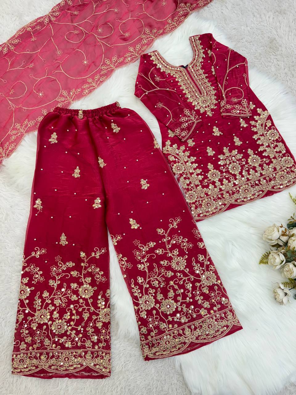 Ethnic Wear Matching Red Mother Daughter Designer Party wear Top Palazzo Dupatta Suit Set mahezon