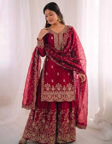 Ethnic Wear Matching Red Mother Daughter Designer Party wear Top Palazzo Dupatta Suit Set mahezon