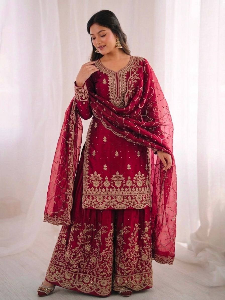 Ethnic Wear Matching Red Mother Daughter Designer Party wear Top Palazzo Dupatta Suit Set mahezon