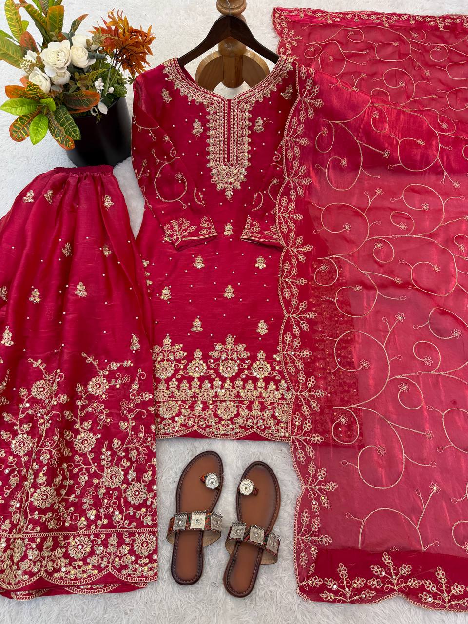 Ethnic Wear Matching Red Mother Daughter Designer Party wear Top Palazzo Dupatta Suit Set mahezon