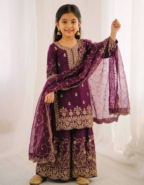 Load image into Gallery viewer, Ethnic Wear Matching Purple Mother Daughter Designer Party wear Top Palazzo Dupatta Suit Set mahezon
