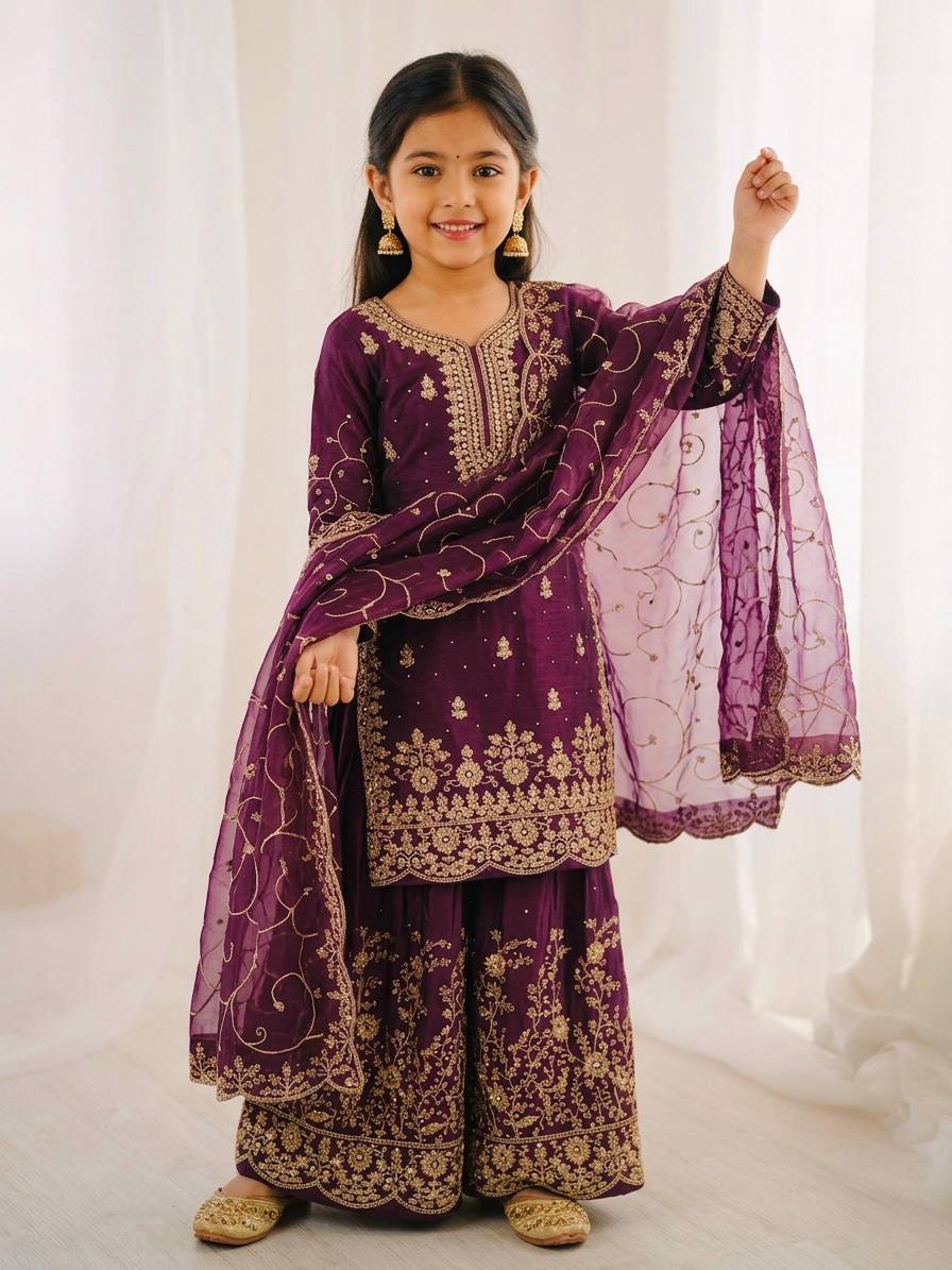 Ethnic Wear Matching Purple Mother Daughter Designer Party wear Top Palazzo Dupatta Suit Set mahezon