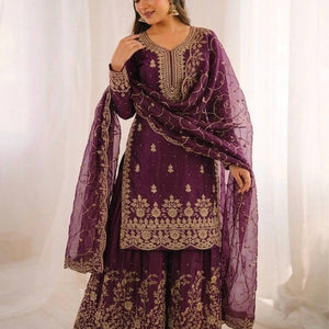 Ethnic Wear Matching Purple Mother Daughter Designer Party wear Top Palazzo Dupatta Suit Set mahezon