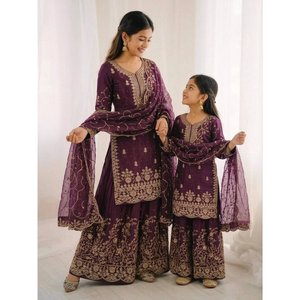 Ethnic Wear Matching Purple Mother Daughter Designer Party wear Top Palazzo Dupatta Suit Set mahezon