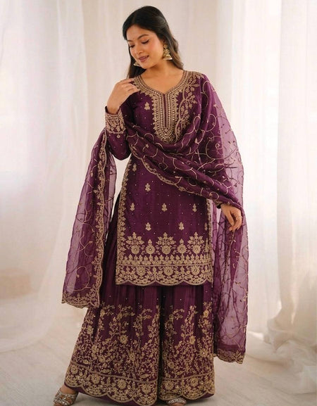 Ethnic Wear Matching Purple Mother Daughter Designer Party wear Top Palazzo Dupatta Suit Set mahezon