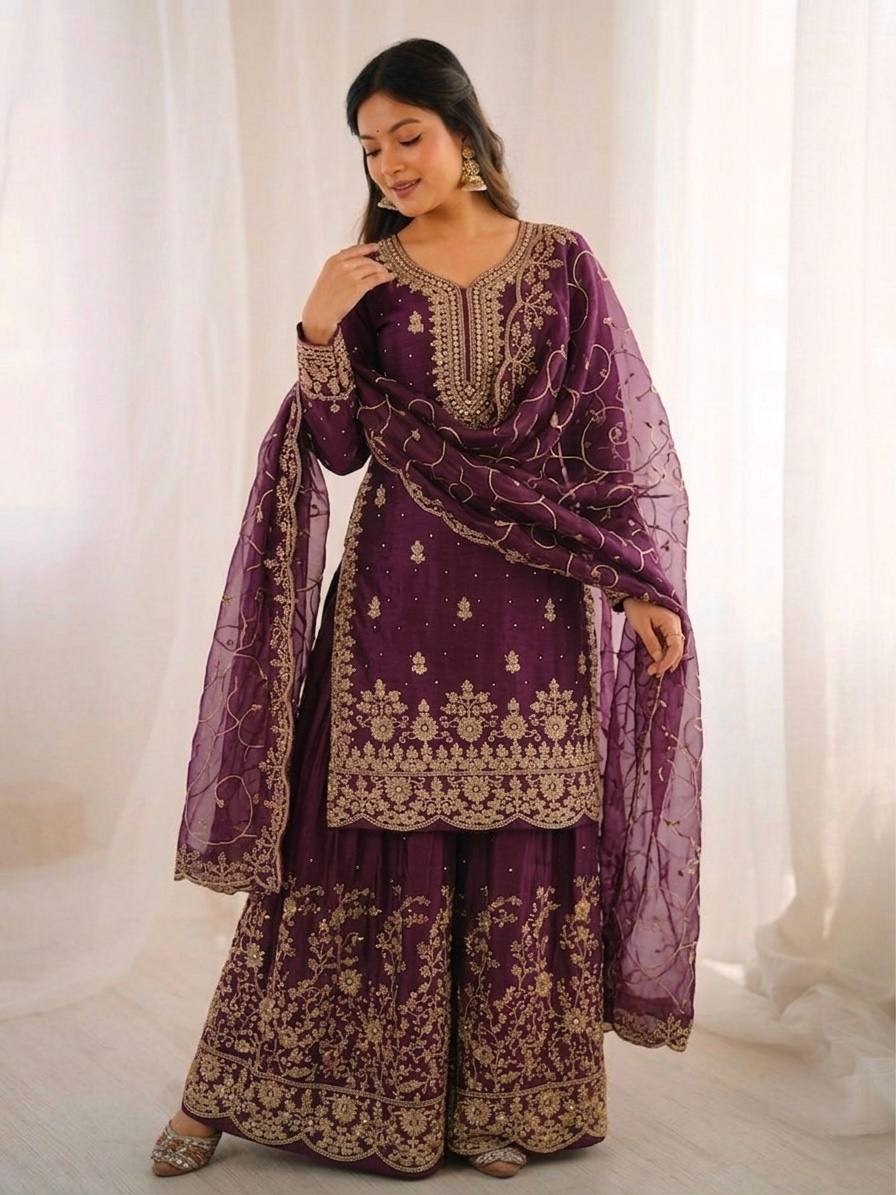Ethnic Wear Matching Purple Mother Daughter Designer Party wear Top Palazzo Dupatta Suit Set mahezon