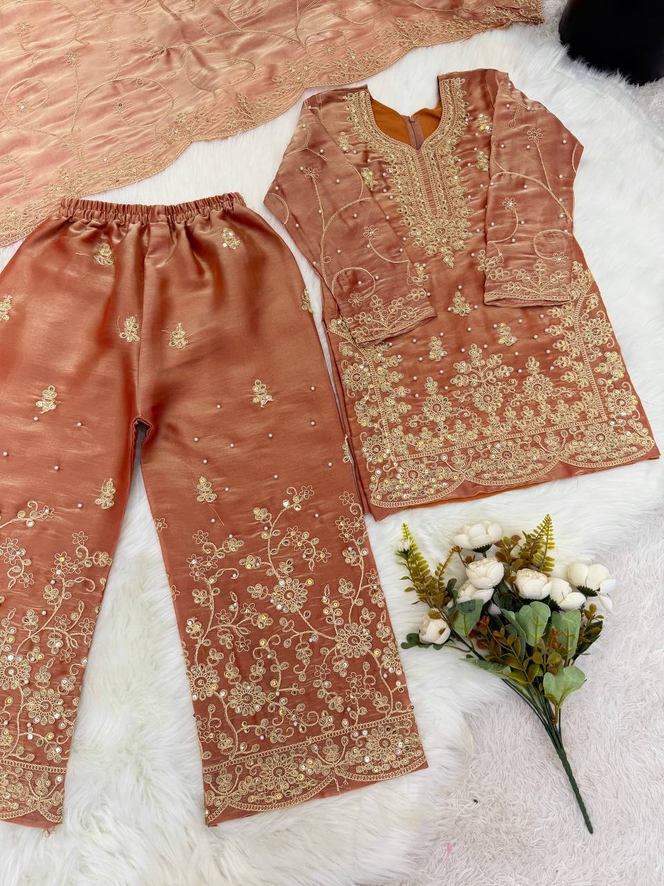 Ethnic Wear Matching Orange Mother Daughter Designer Party wear Top Palazzo Dupatta Suit Set mahezon