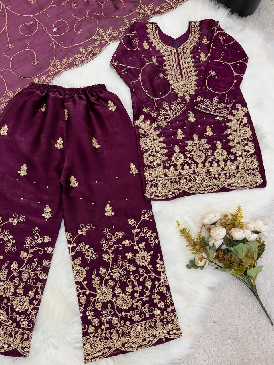Ethnic Wear Matching Purple Mother Daughter Designer Party wear Top Palazzo Dupatta Suit Set mahezon