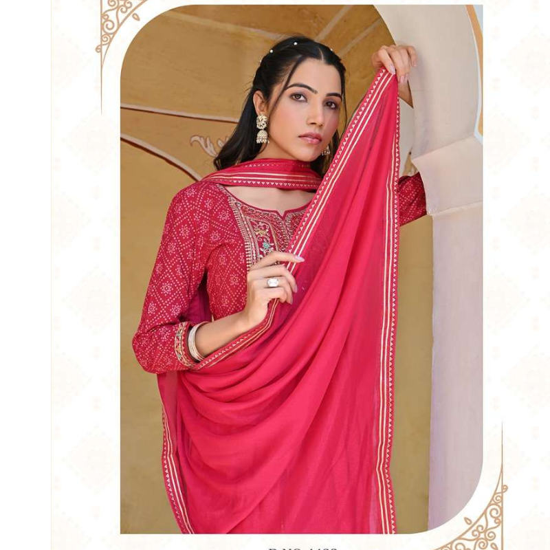 Women's Pink Embroidery Naira Cut Kurti Pant with Dupatta Set