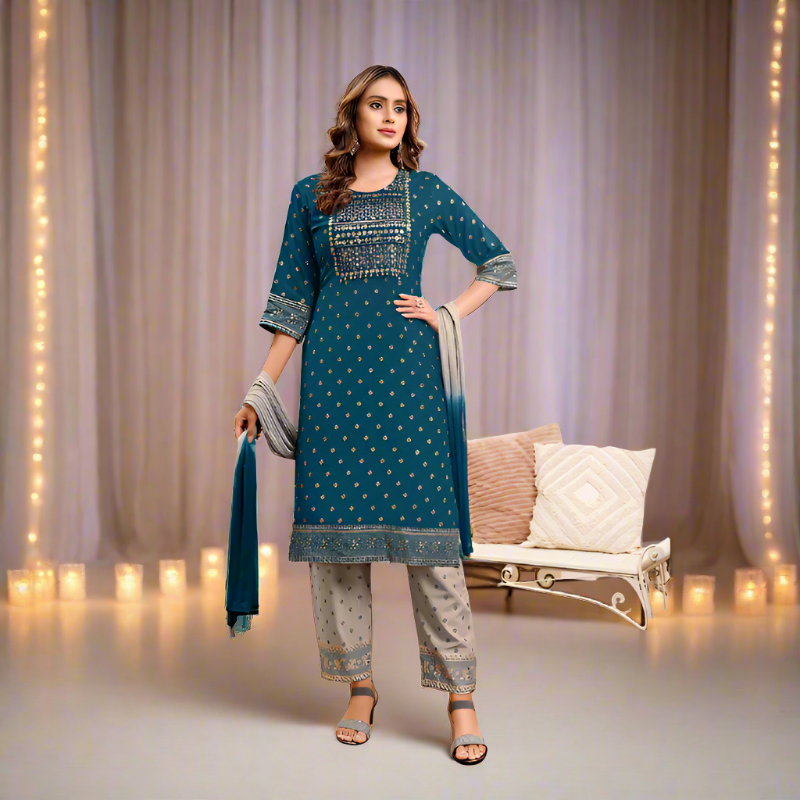 Exclusive Blue Naira cut Kurti Pant Dupatta Suit mahezon