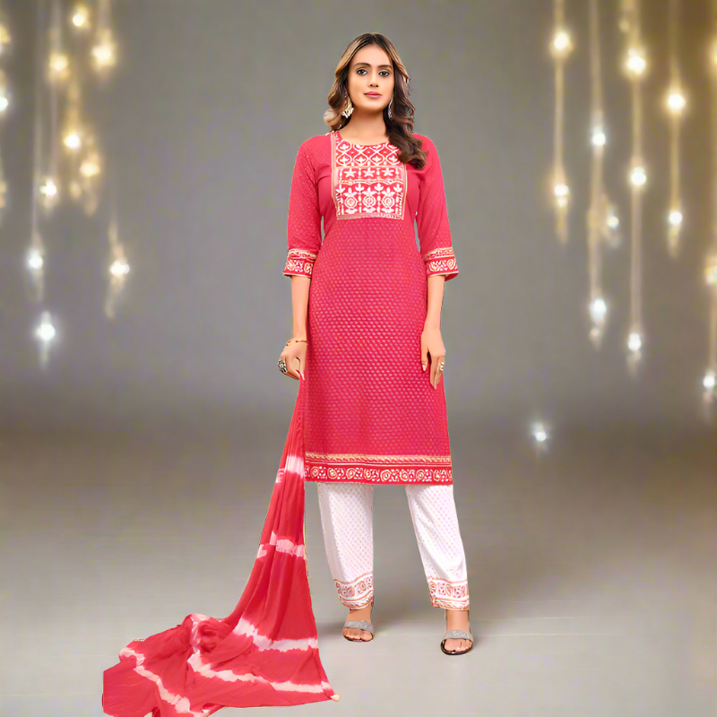 Exclusive Dark Pink Naira cut Kurti Pant Dupatta Suit mahezon