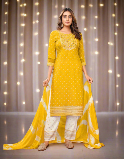 Load image into Gallery viewer, Exclusive Yellow Naira cut Kurti Pant Dupatta Suit mahezon
