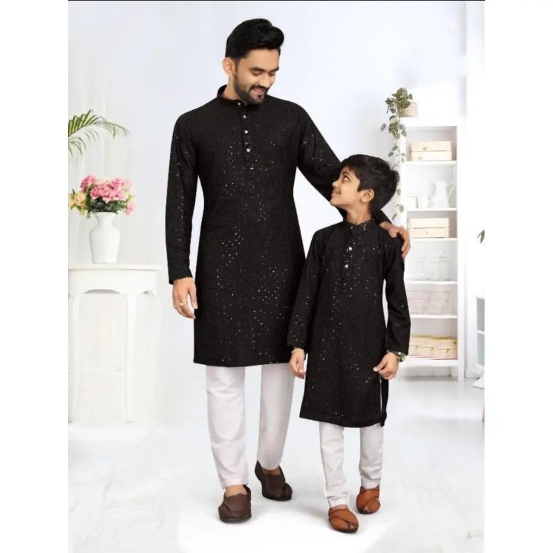 Father and Son Black Chikankari Same Matching Kurta Dress Set mahezon