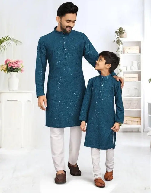 Load image into Gallery viewer, Father and Son Blue Same Matching Kurta Dress Set mahezon
