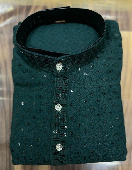 Father and Son Dark Green Chikankari Same Matching Kurta Dress Set mahezon