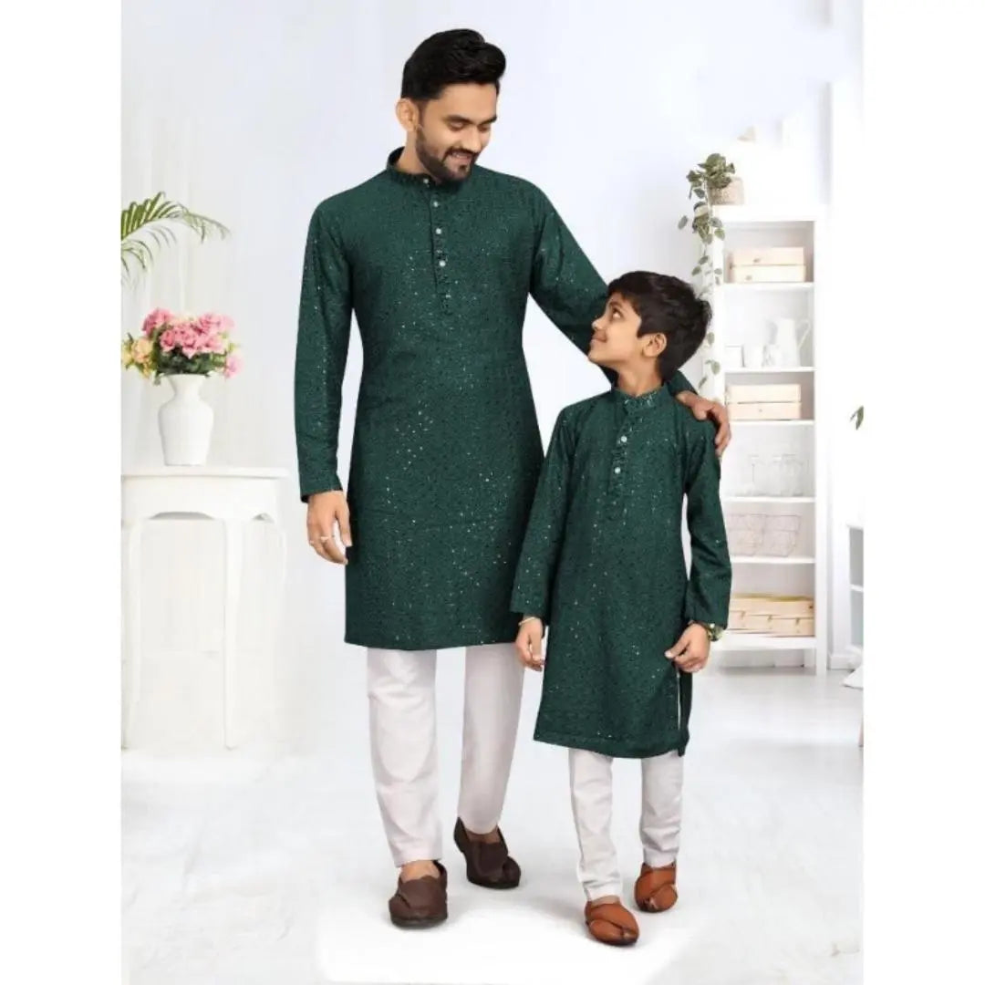 Father and Son Dark Green Chikankari Same Matching Kurta Dress Set mahezon