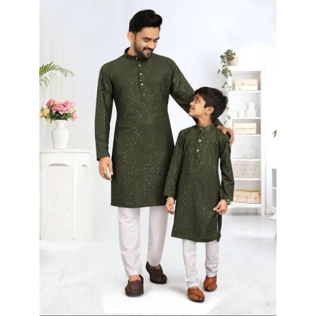 Father and Son Green Chikankari Same Matching Kurta Dress Set mahezon