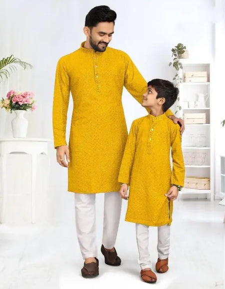 Father and Son Yellow Same Matching Kurta Dress Set mahezon