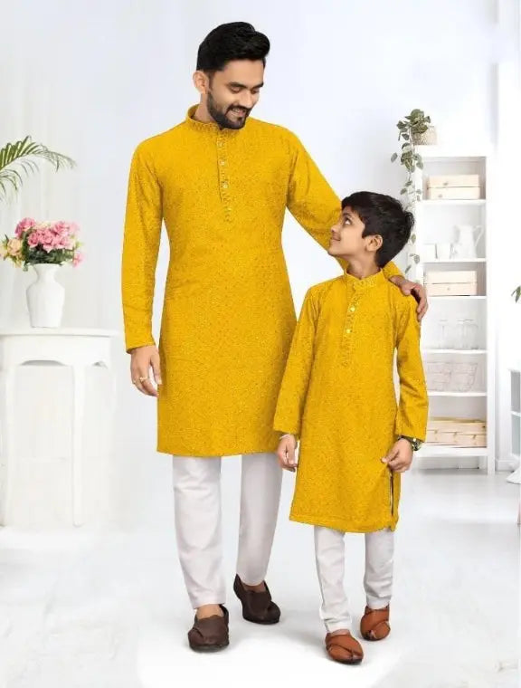 Father and Son Yellow Same Matching Kurta Dress Set mahezon