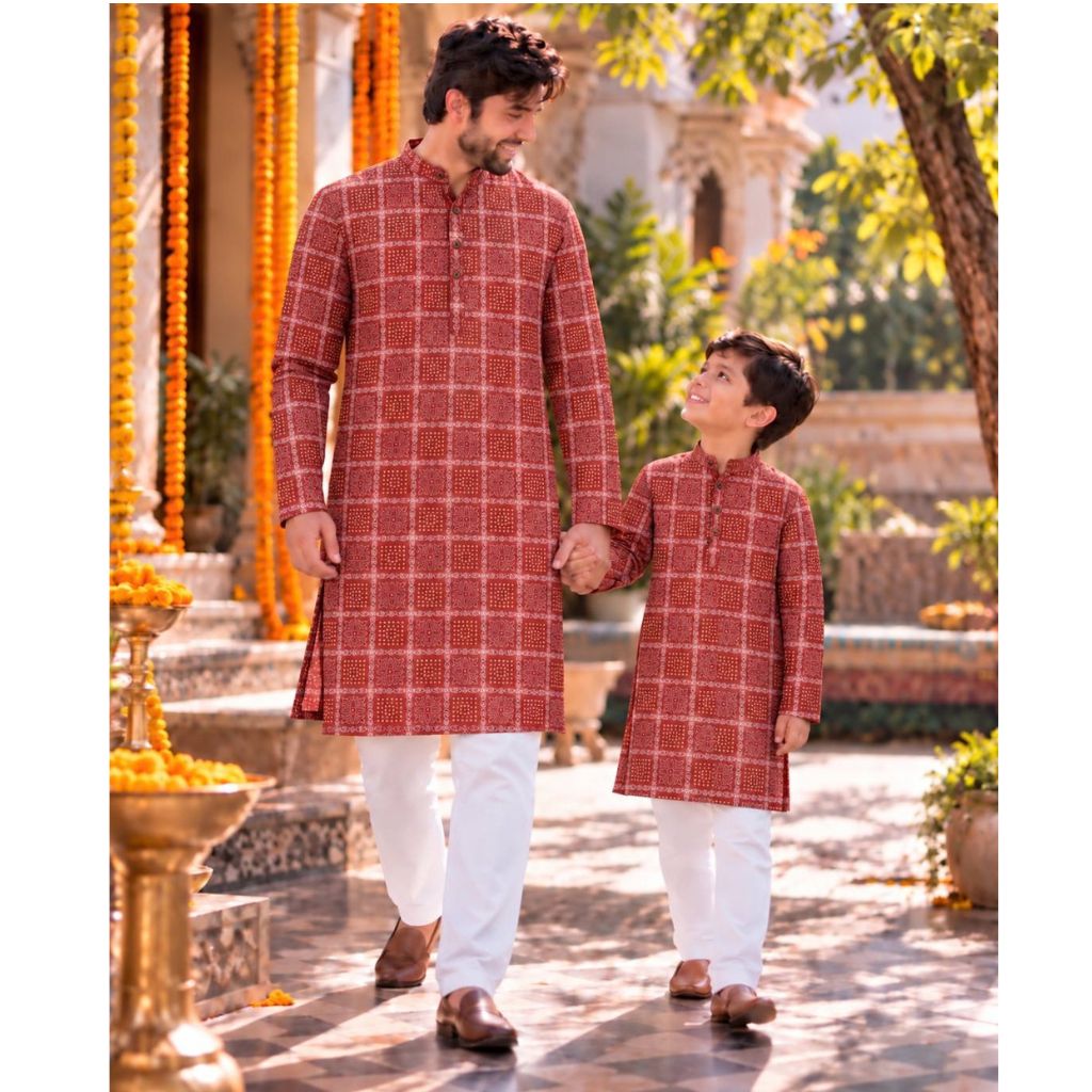 A man and a child walking hand in hand outdoors, wearing matching red patterned kurta sets with white pants. The background shows a sunlit courtyard with orange marigold garlands and architectural details.