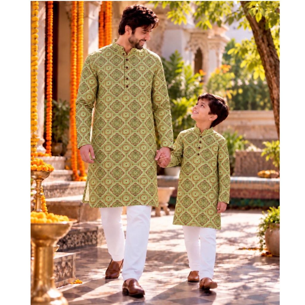 A man and a boy walking hand in hand outdoors, both wearing matching light olive green patterned kurta sets with white trousers. The background shows a sunlit courtyard with marigold garlands, plants, and architectural details.