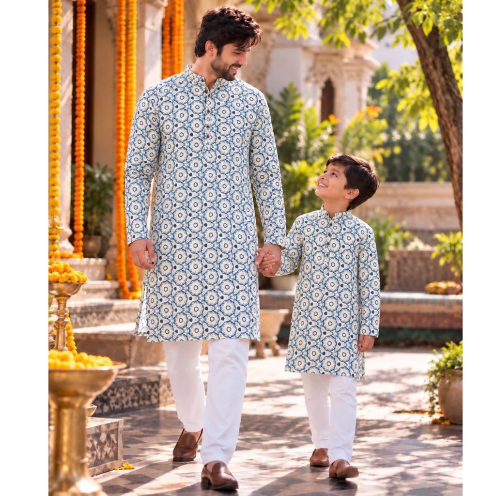 A man and a boy walking hand-in-hand outdoors, wearing matching light blue and white patterned kurta sets with white trousers.