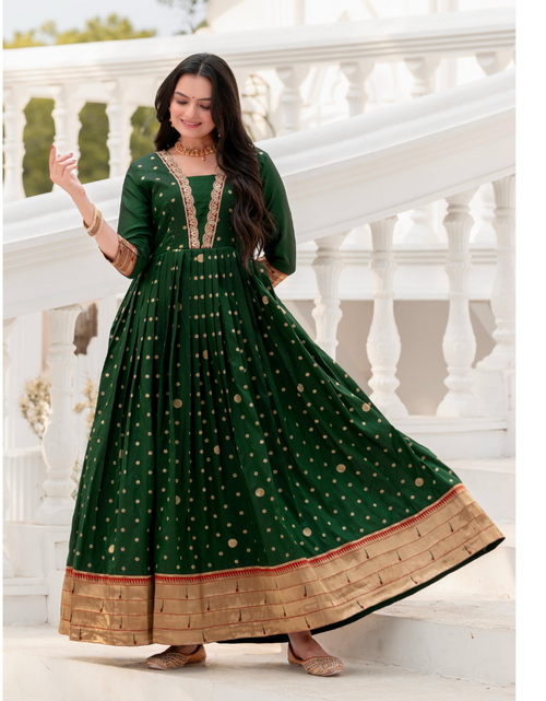 Festival Green Polka Paithani Women Gown Dress mahezon Festival Green Polka Paithani Women Gown Dress mahezon