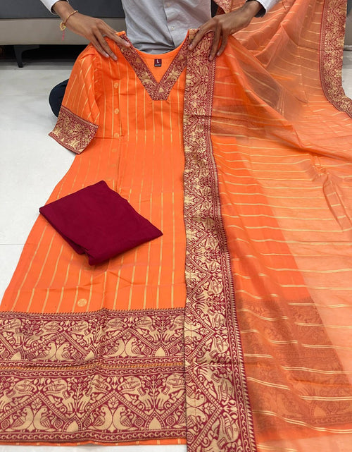 Load image into Gallery viewer, Festive Orange Cotton Women Kurti Leggings with Dupatta Set mahezon
