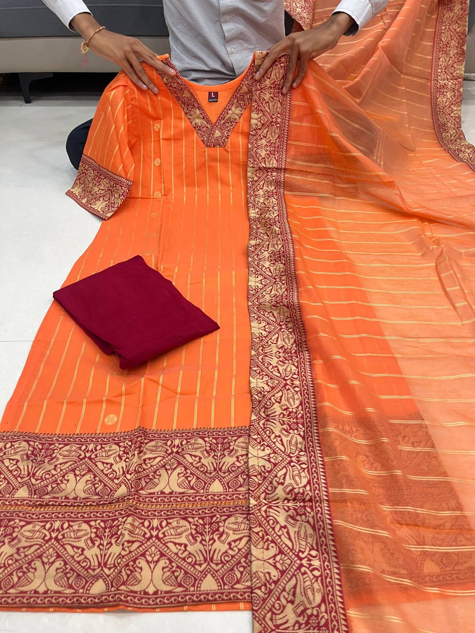 Festive Orange Cotton Women Kurti Leggings with Dupatta Set mahezon